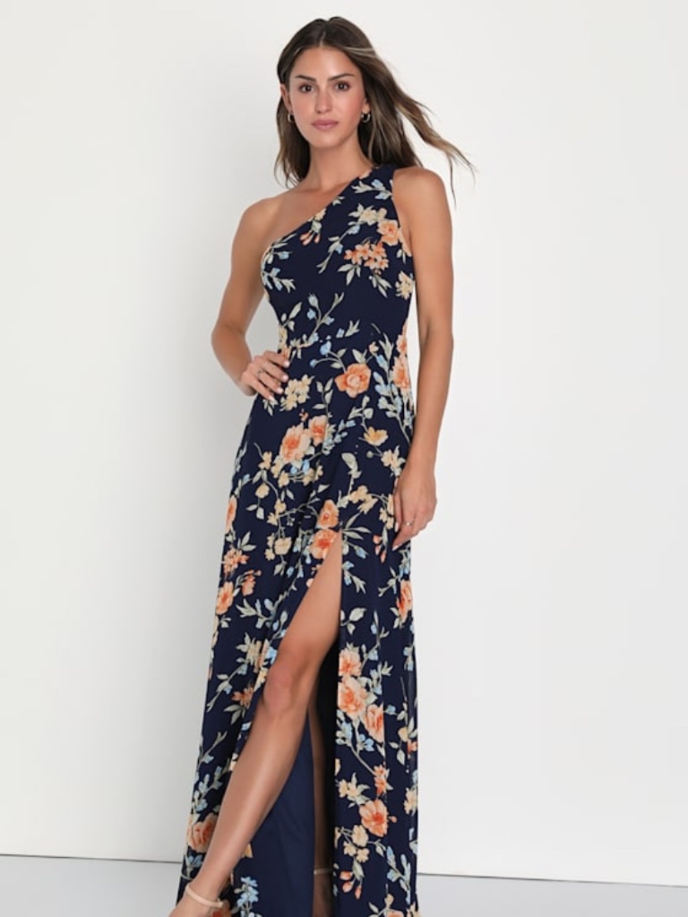 Lulus Elegant Admiration Navy Blue Floral One-shoulder Maxi Dress - Size XS - Picture 1 of 1